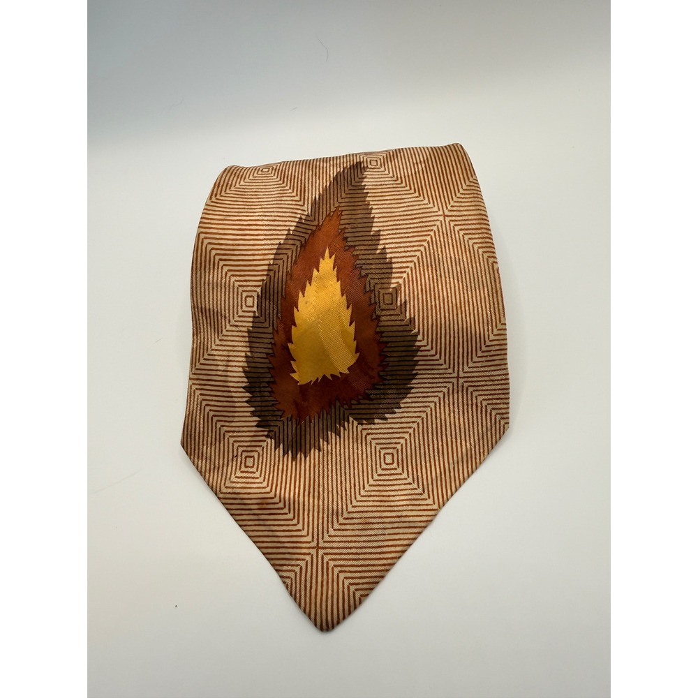 Vintage Haband Mens Geometric Leaf Print Tie Tan Brown Yellow Made in USA 4 Inch